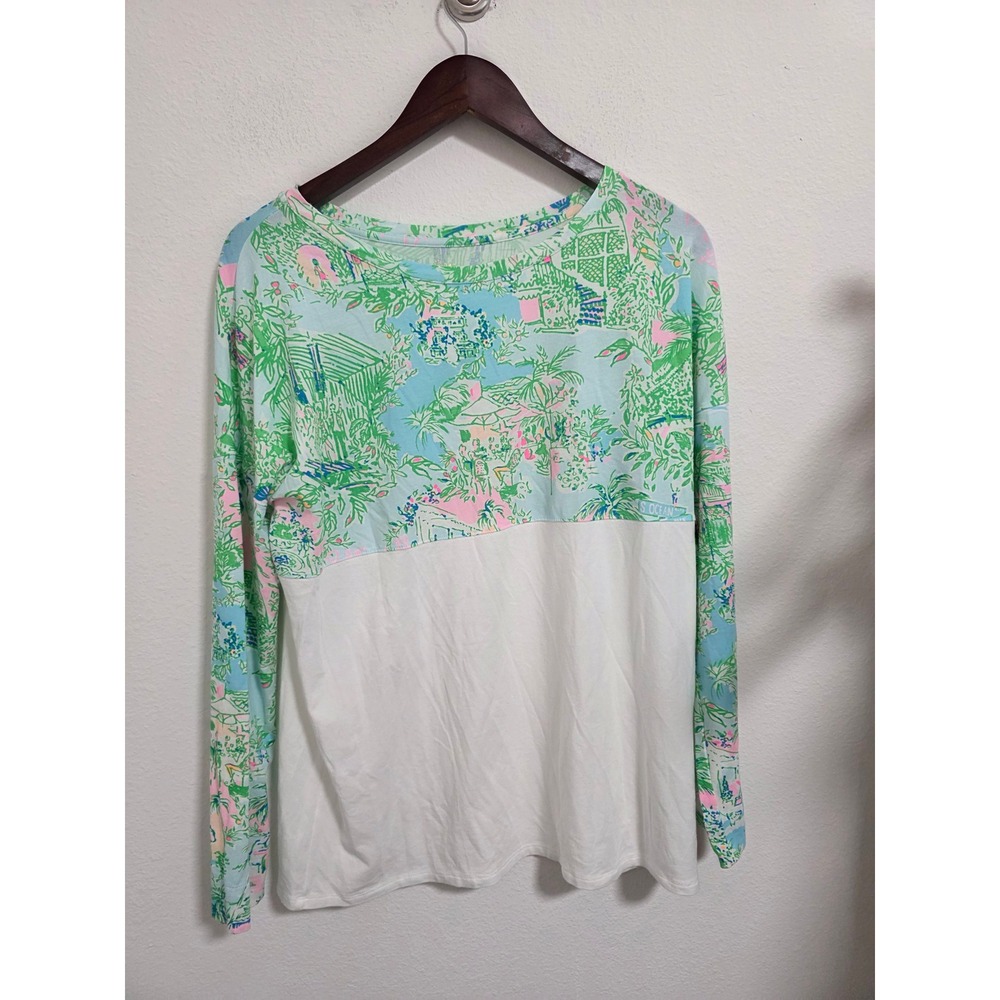 Lilly Pulitzer Womens Medium Long Sleeve Tropical Scenic Colorblock‎ Top White
